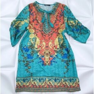 Urban Coco Sz L Floral Scarf Print Tassel Shift Tunic Dress Teal Turquoise
